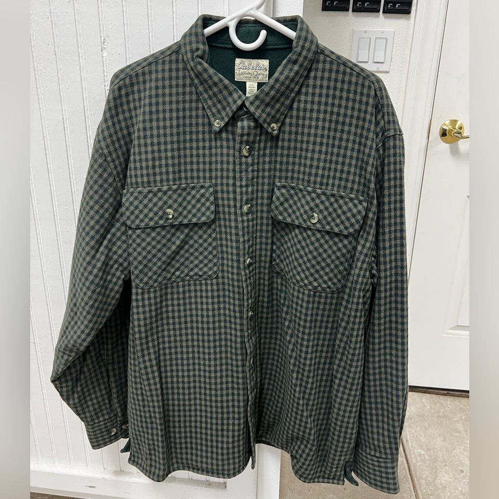 Men’s Large Fleece Lined Green Checkered Button Down Shirt Jacket